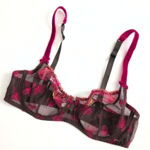 Aubade Paris Brown Pink Floral Embroidered‎ Sheer Mesh Underwire Bra 34D J915